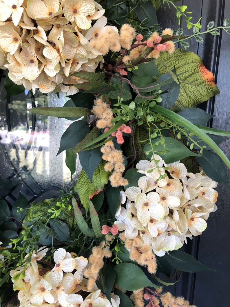 Fall Hydrangea Wreath, elegant fall wreath, large fall wreath, fall porch decor, fall floral wreath, autumn wreath, autumn floral