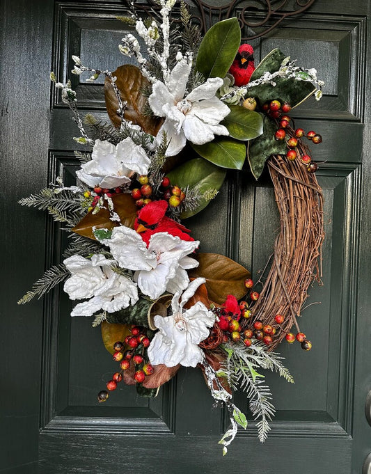 SNOW MAGNOLIA WREATH /red birds. Red bird wreath. Winter wreath. Snow wresth