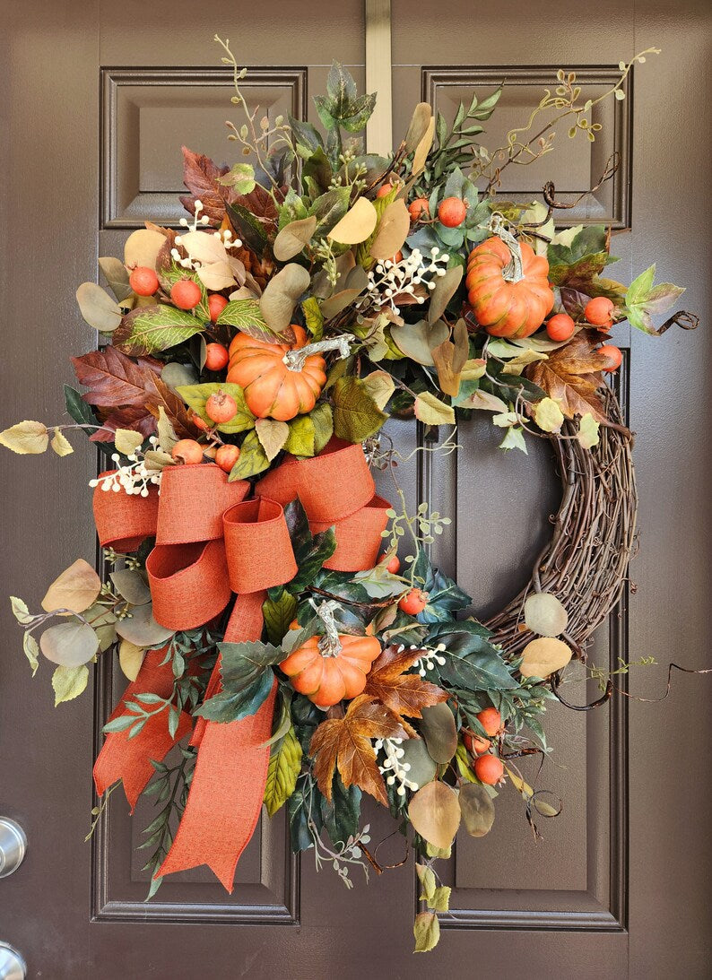 Large Fall Woodsy Pumpkin Wreath for Front Door, Olive Green and Orange Autumn Harvest Wreath,  Fall Foliage and Pumpkin Decor, 24"W x 28" T