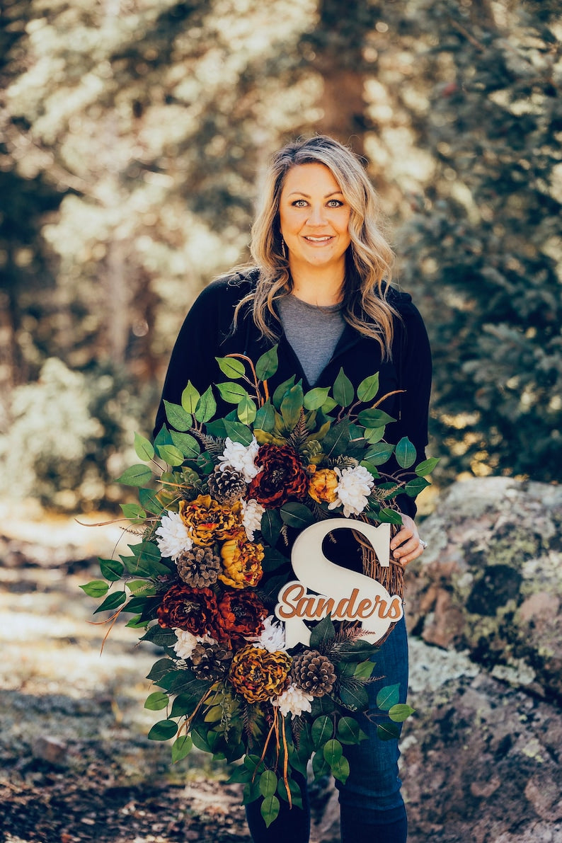 Fall Wreath, Fall Peony Pinecone Wreath, Fall Wreath with Monogram, Fall Front Door Wreath,  Large Fall Wreath with Pinecones and Initial