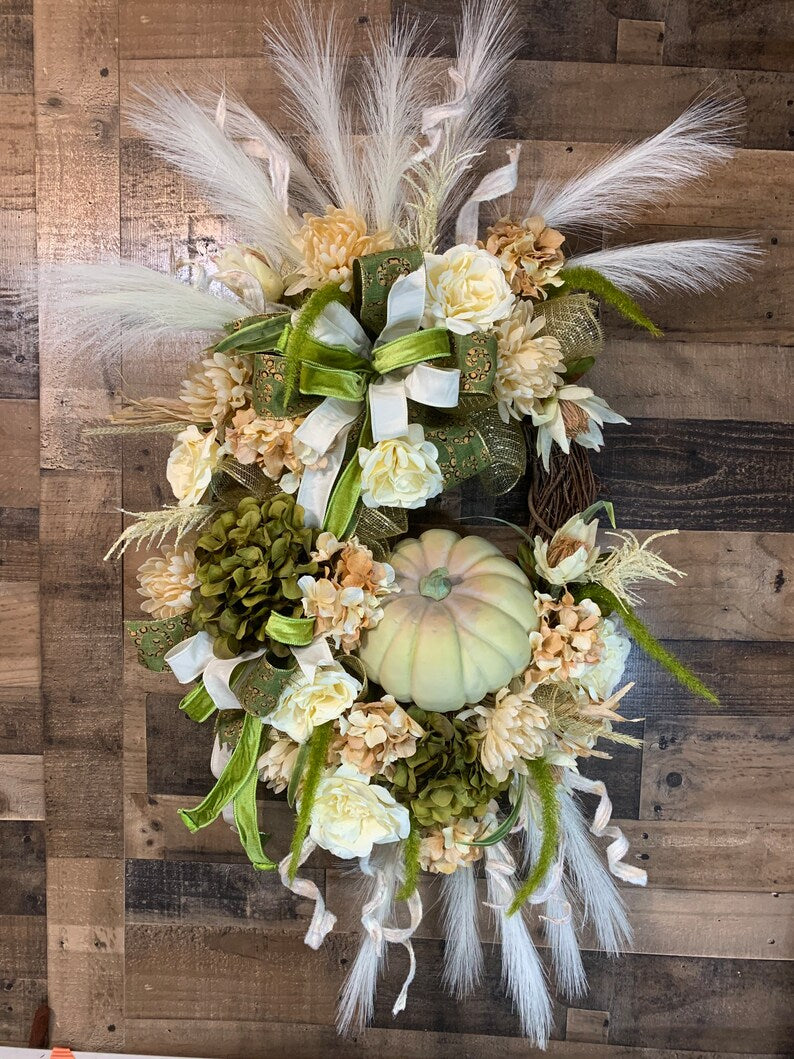 Boho Fall Wreath-Fall Wreath-Green and White Fall Wreath-Fall Decor-Pumpkin Wreath-Fall Wreath For Front Door-XL Fall Wreath