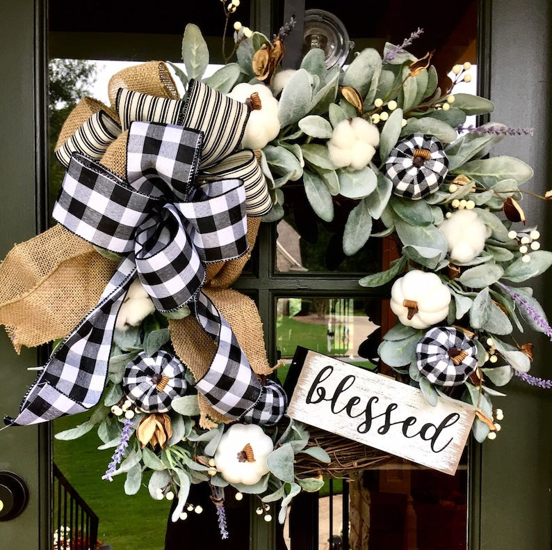 Buffalo plaid fall lambs ear wreath- fall farmhouse wreath with white pumpkins-large fall wreath for front door-transitional wreath