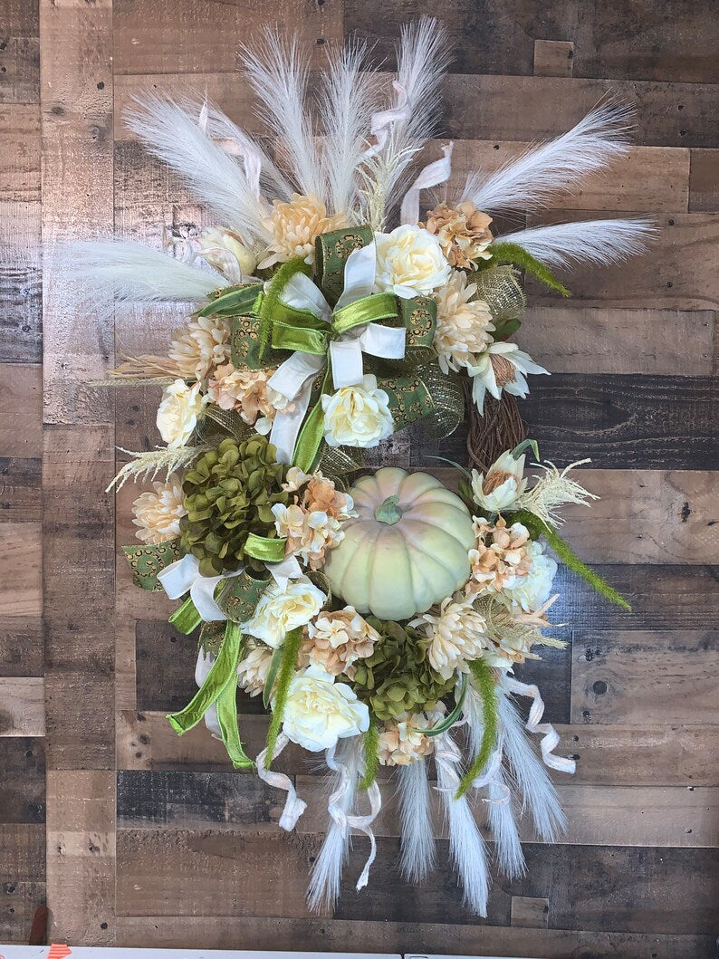 Boho Fall Wreath-Fall Wreath-Green and White Fall Wreath-Fall Decor-Pumpkin Wreath-Fall Wreath For Front Door-XL Fall Wreath