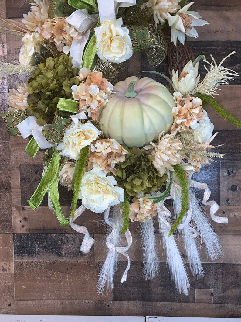 Boho Fall Wreath-Fall Wreath-Green and White Fall Wreath-Fall Decor-Pumpkin Wreath-Fall Wreath For Front Door-XL Fall Wreath