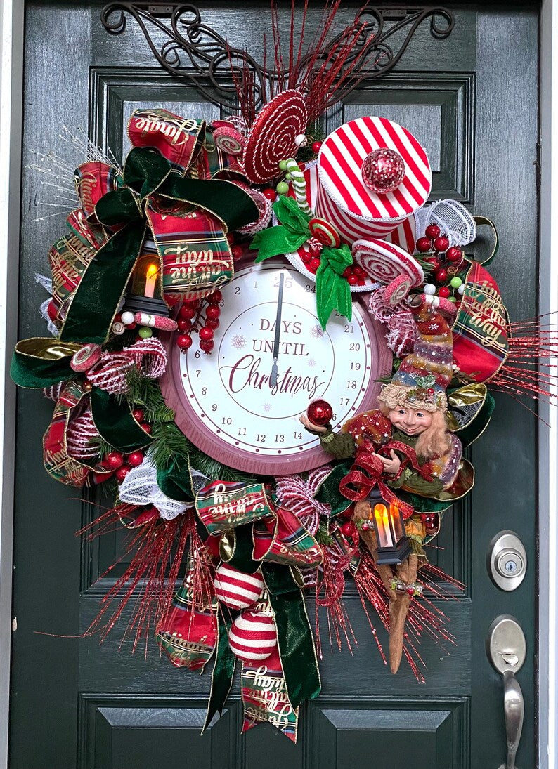 Christmas Wreath, elf wreath, Christmas door hanger, clock wreath,