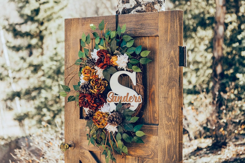 Fall Wreath, Fall Peony Pinecone Wreath, Fall Wreath with Monogram, Fall Front Door Wreath,  Large Fall Wreath with Pinecones and Initial