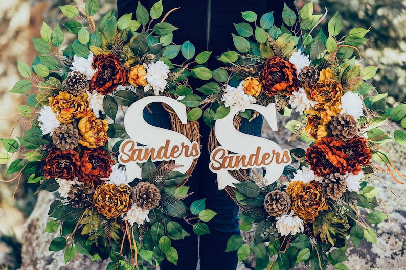 Fall Wreath, Fall Peony Pinecone Wreath, Fall Wreath with Monogram, Fall Front Door Wreath,  Large Fall Wreath with Pinecones and Initial