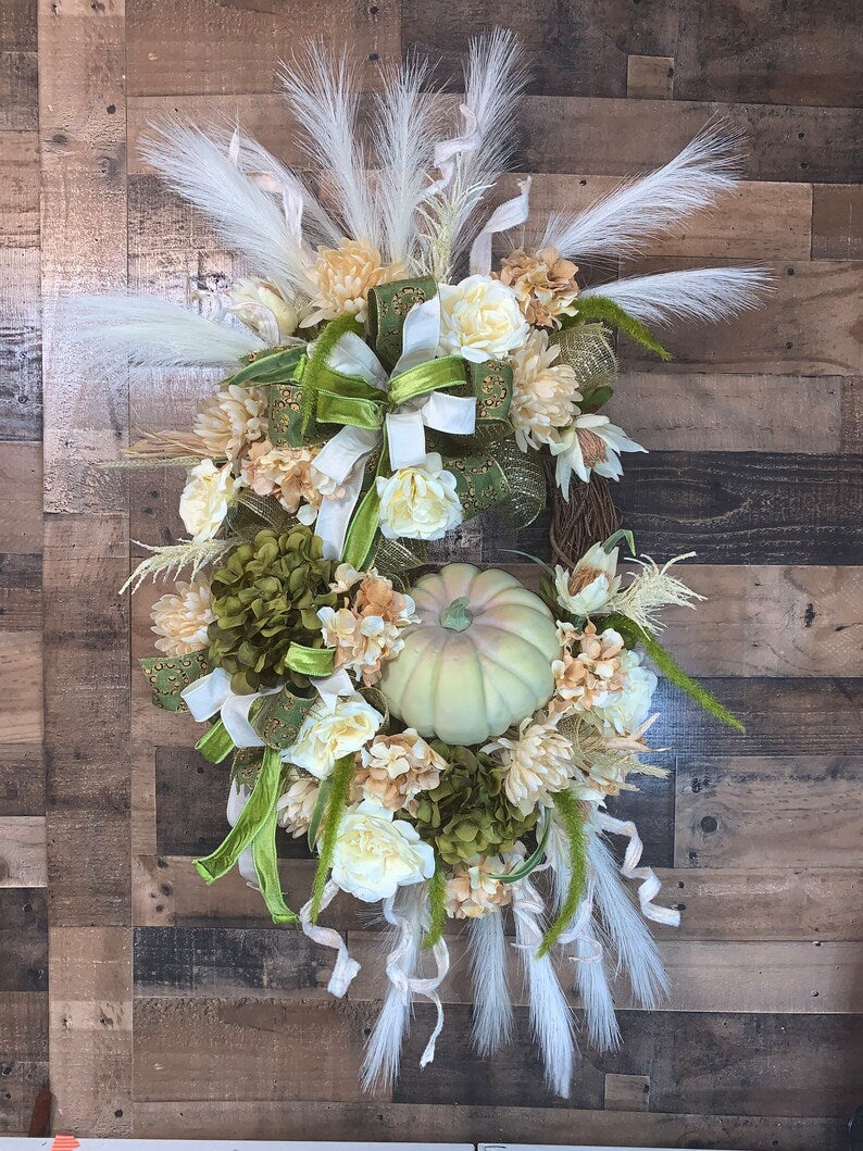 Boho Fall Wreath-Fall Wreath-Green and White Fall Wreath-Fall Decor-Pumpkin Wreath-Fall Wreath For Front Door-XL Fall Wreath