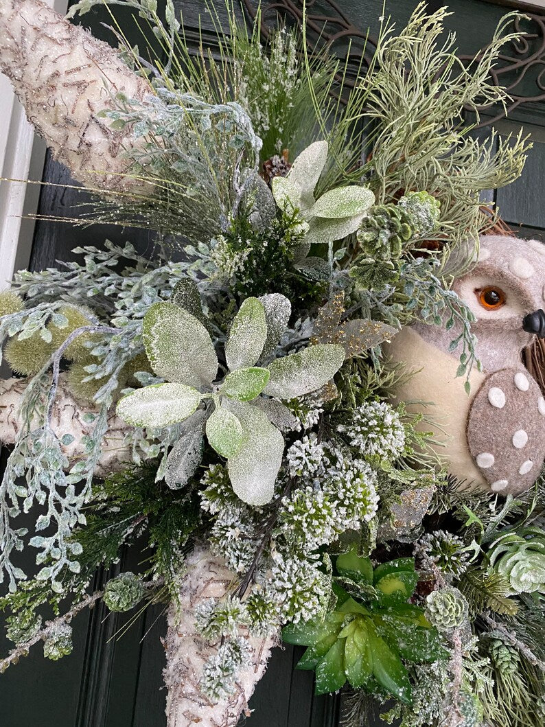 Winter wreath, icy succulents , owl, winter wreath with owl, natural winter wreath