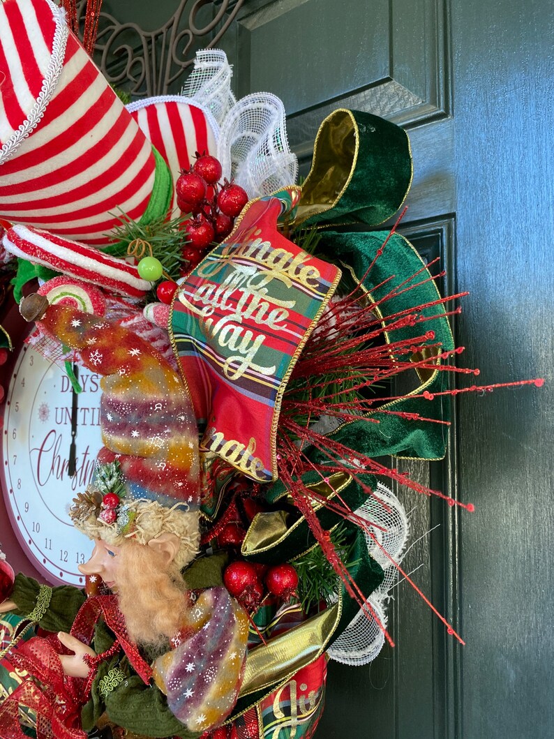Christmas Wreath, elf wreath, Christmas door hanger, clock wreath,