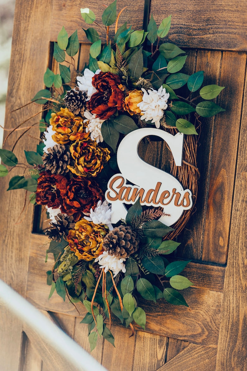 Fall Wreath, Fall Peony Pinecone Wreath, Fall Wreath with Monogram, Fall Front Door Wreath,  Large Fall Wreath with Pinecones and Initial