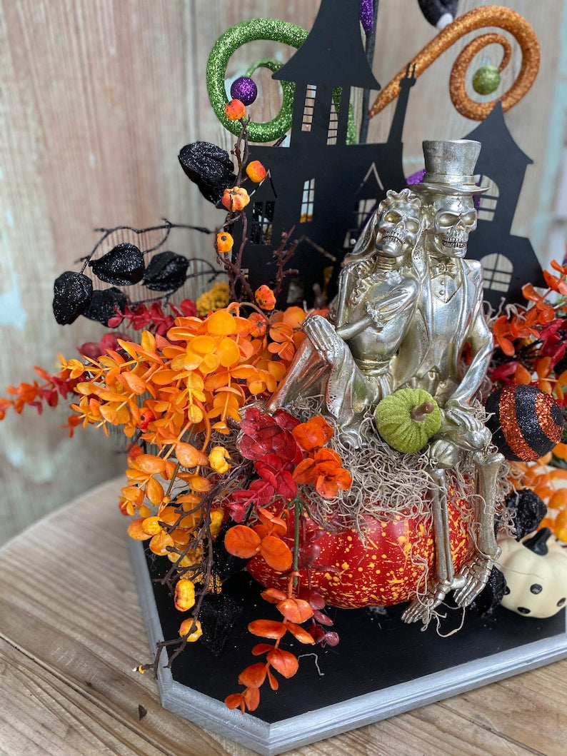 Halloween decor, Skelton decor, Halloween arrangement, whimsical Halloween arrangement