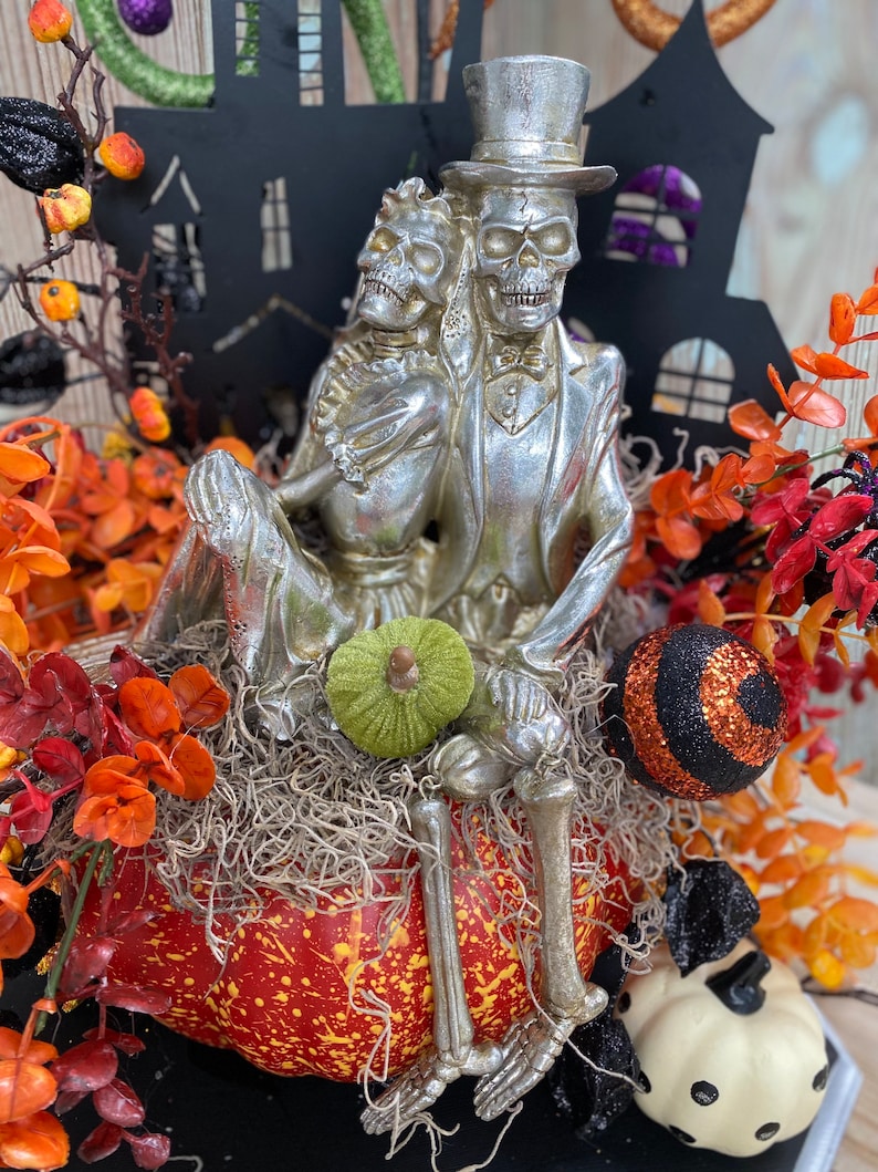Halloween decor, Skelton decor, Halloween arrangement, whimsical Halloween arrangement