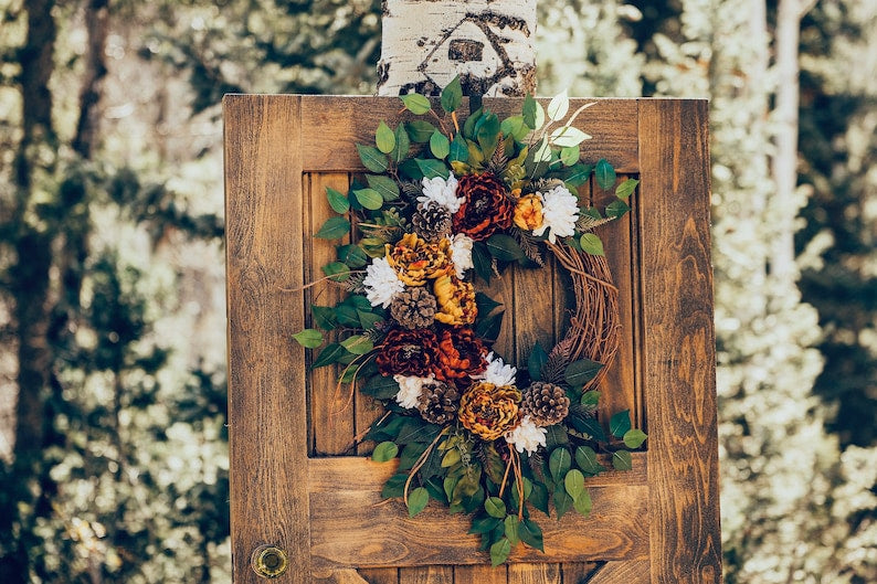 Fall Wreath, Fall Peony Pinecone Wreath, Fall Wreath with Monogram, Fall Front Door Wreath,  Large Fall Wreath with Pinecones and Initial