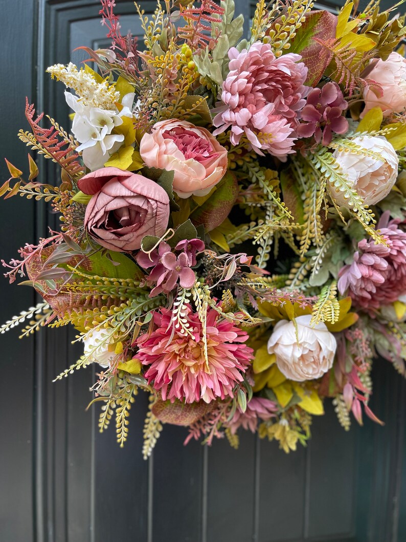 Modern Fall Wreath for Front Door,  Pink Fall Wreath, Outdoor Fall Wreath, Fall Wreaths for Door, Fall Door Wreath