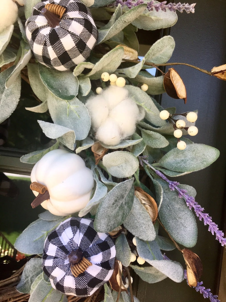 Buffalo plaid fall lambs ear wreath- fall farmhouse wreath with white pumpkins-large fall wreath for front door-transitional wreath