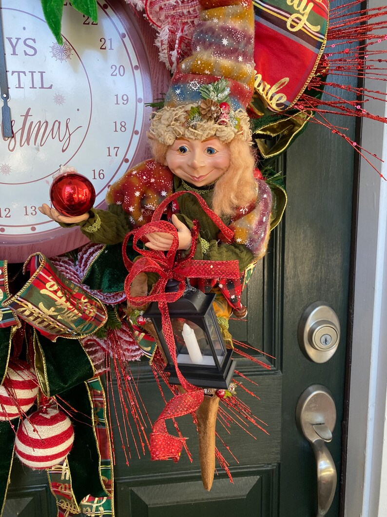 Christmas Wreath, elf wreath, Christmas door hanger, clock wreath,