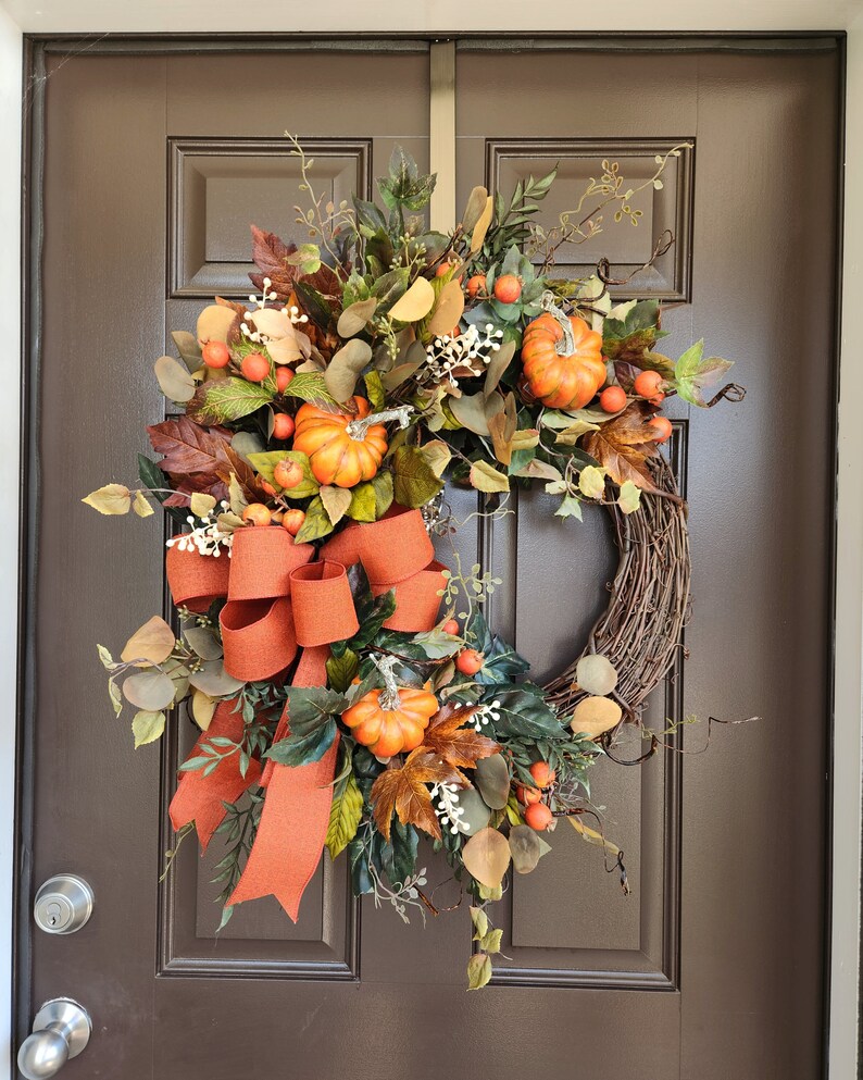 Large Fall Woodsy Pumpkin Wreath for Front Door, Olive Green and Orange Autumn Harvest Wreath,  Fall Foliage and Pumpkin Decor, 24"W x 28" T