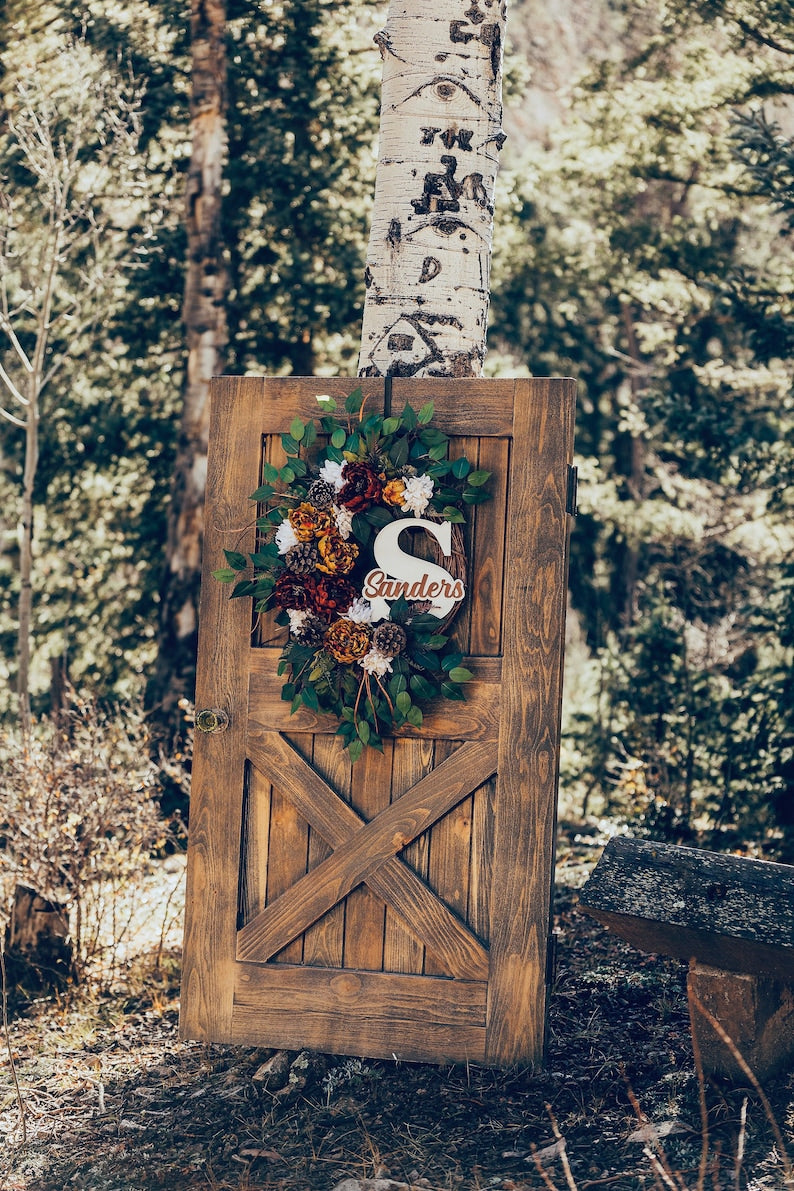 Fall Wreath, Fall Peony Pinecone Wreath, Fall Wreath with Monogram, Fall Front Door Wreath,  Large Fall Wreath with Pinecones and Initial