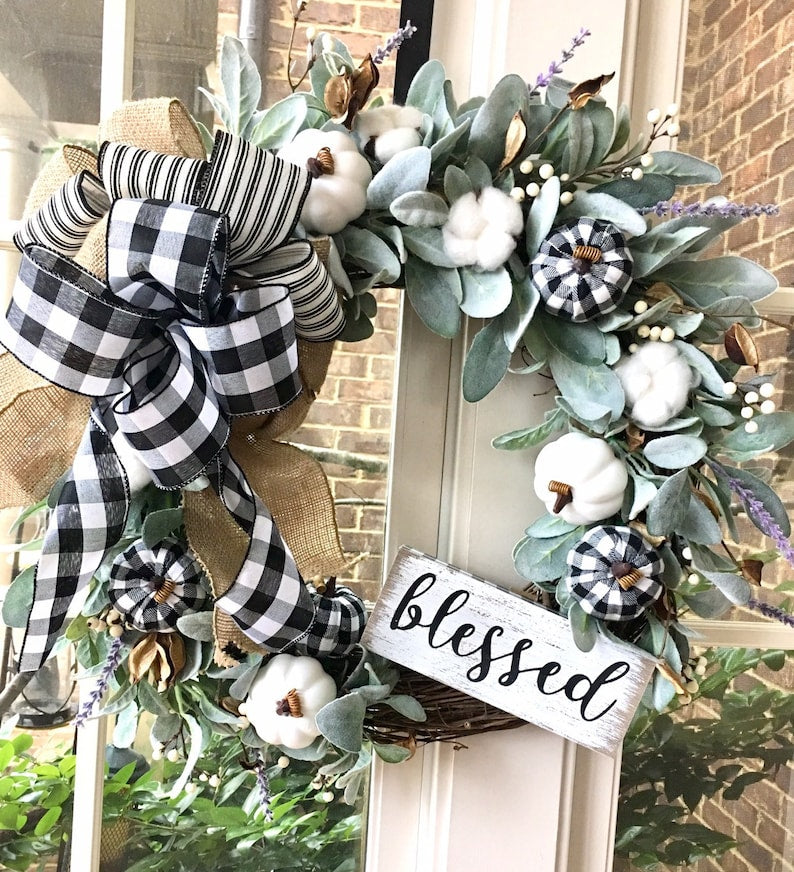 Buffalo plaid fall lambs ear wreath- fall farmhouse wreath with white pumpkins-large fall wreath for front door-transitional wreath