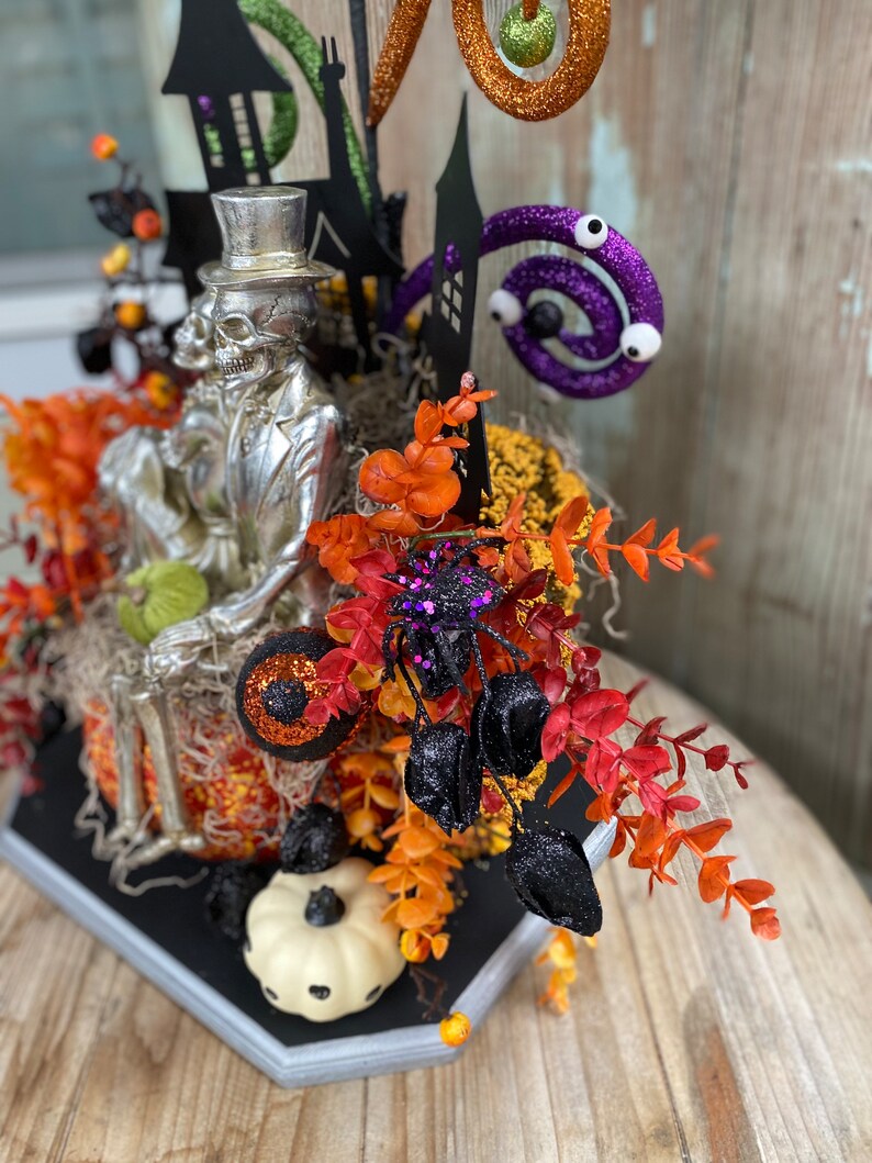 Halloween decor, Skelton decor, Halloween arrangement, whimsical Halloween arrangement