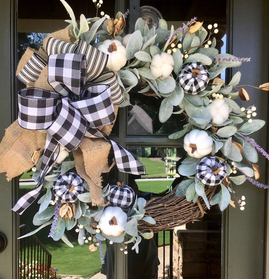Buffalo plaid fall lambs ear wreath- fall farmhouse wreath with white pumpkins-large fall wreath for front door-transitional wreath