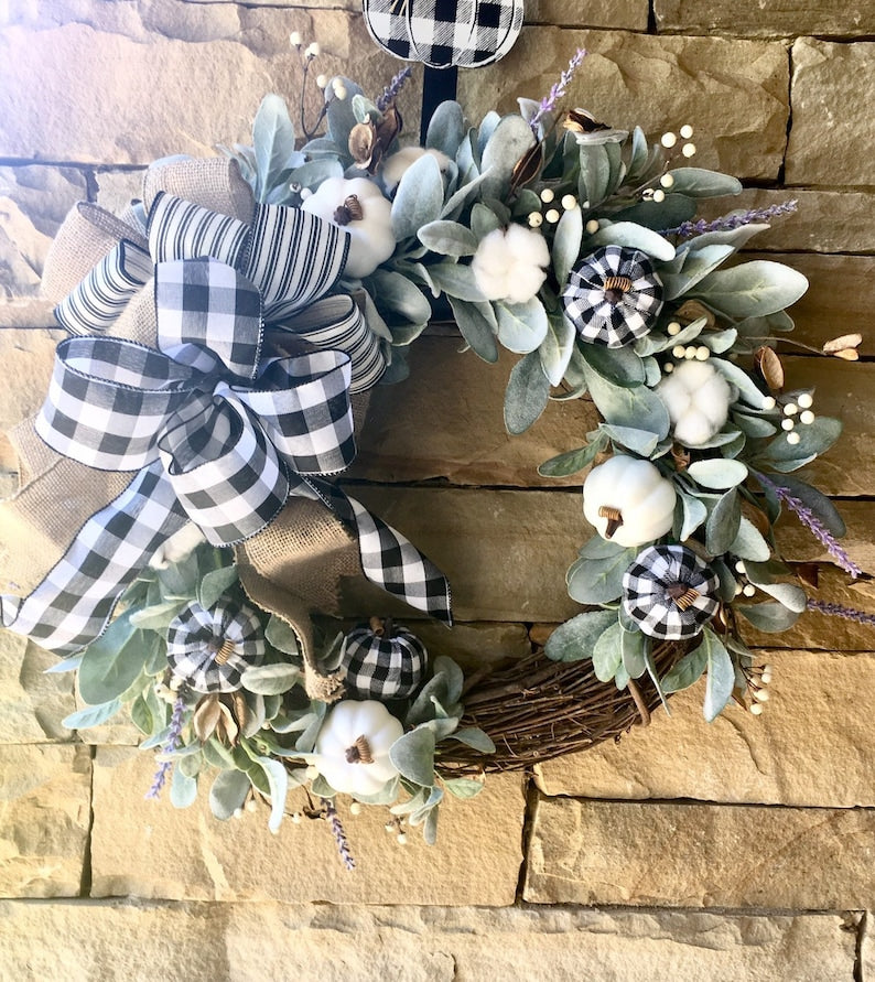 Buffalo plaid fall lambs ear wreath- fall farmhouse wreath with white pumpkins-large fall wreath for front door-transitional wreath