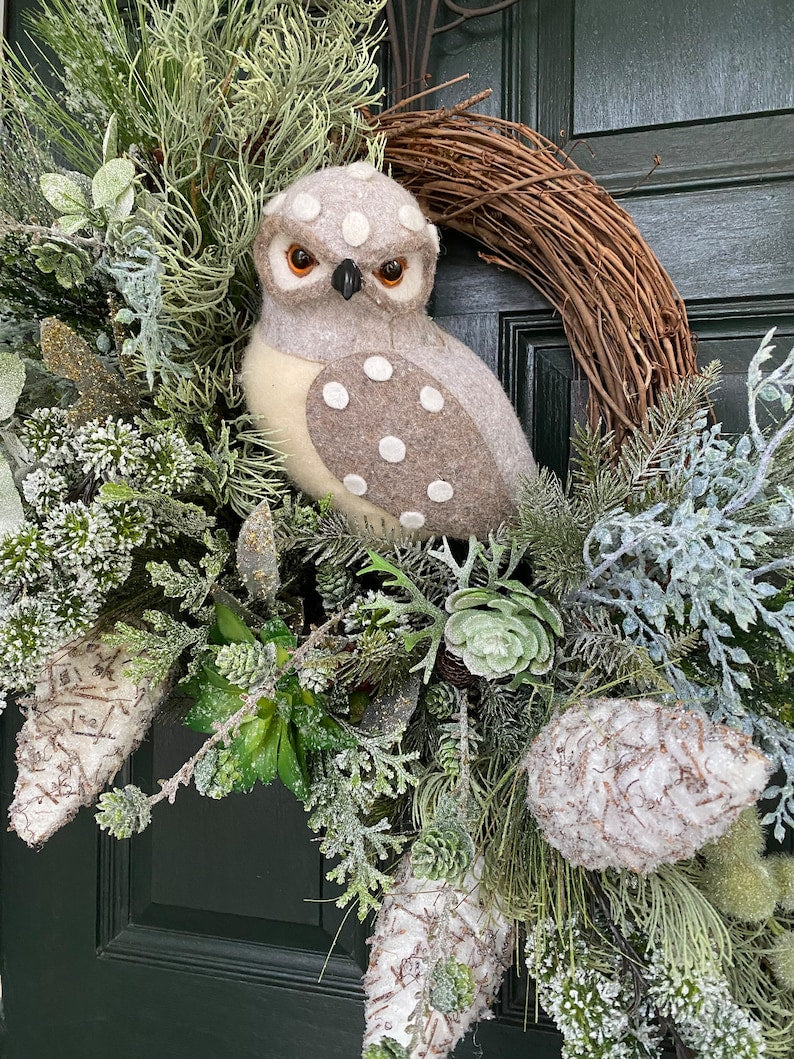 Winter wreath, icy succulents , owl, winter wreath with owl, natural winter wreath