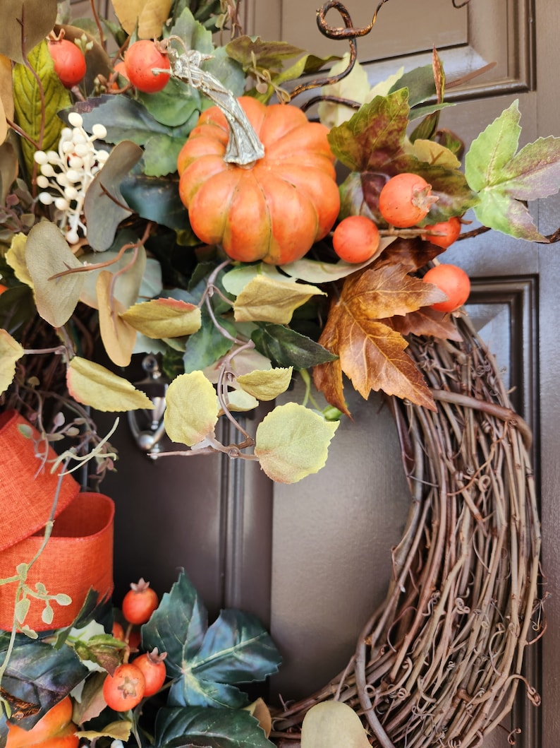 Large Fall Woodsy Pumpkin Wreath for Front Door, Olive Green and Orange Autumn Harvest Wreath,  Fall Foliage and Pumpkin Decor, 24"W x 28" T