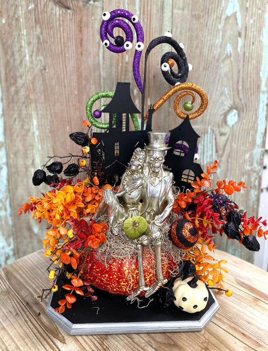 Halloween decor, Skelton decor, Halloween arrangement, whimsical Halloween arrangement