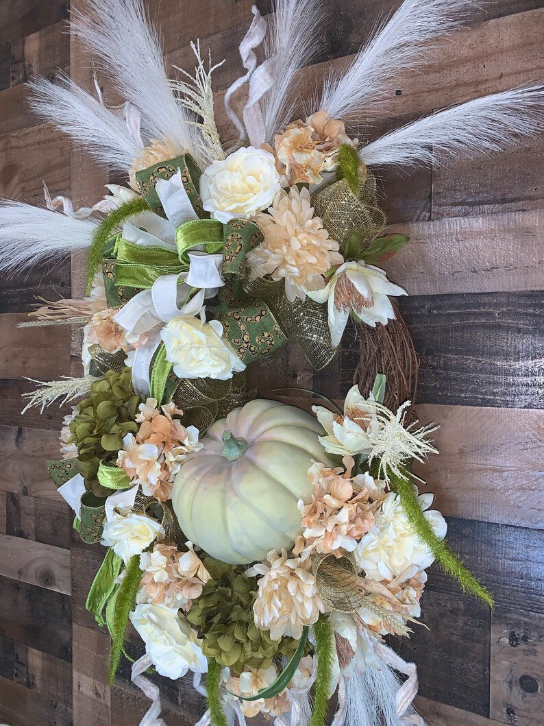 Boho Fall Wreath-Fall Wreath-Green and White Fall Wreath-Fall Decor-Pumpkin Wreath-Fall Wreath For Front Door-XL Fall Wreath