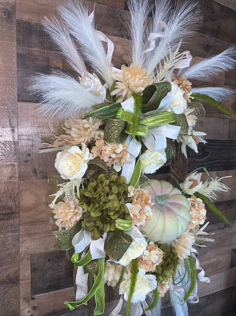 Boho Fall Wreath-Fall Wreath-Green and White Fall Wreath-Fall Decor-Pumpkin Wreath-Fall Wreath For Front Door-XL Fall Wreath