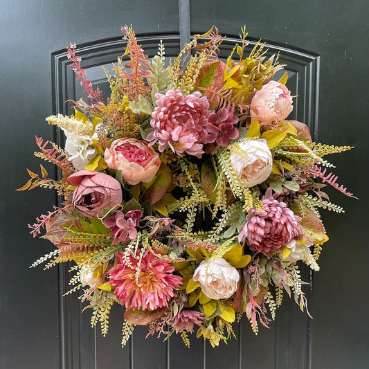 Modern Fall Wreath for Front Door,  Pink Fall Wreath, Outdoor Fall Wreath, Fall Wreaths for Door, Fall Door Wreath