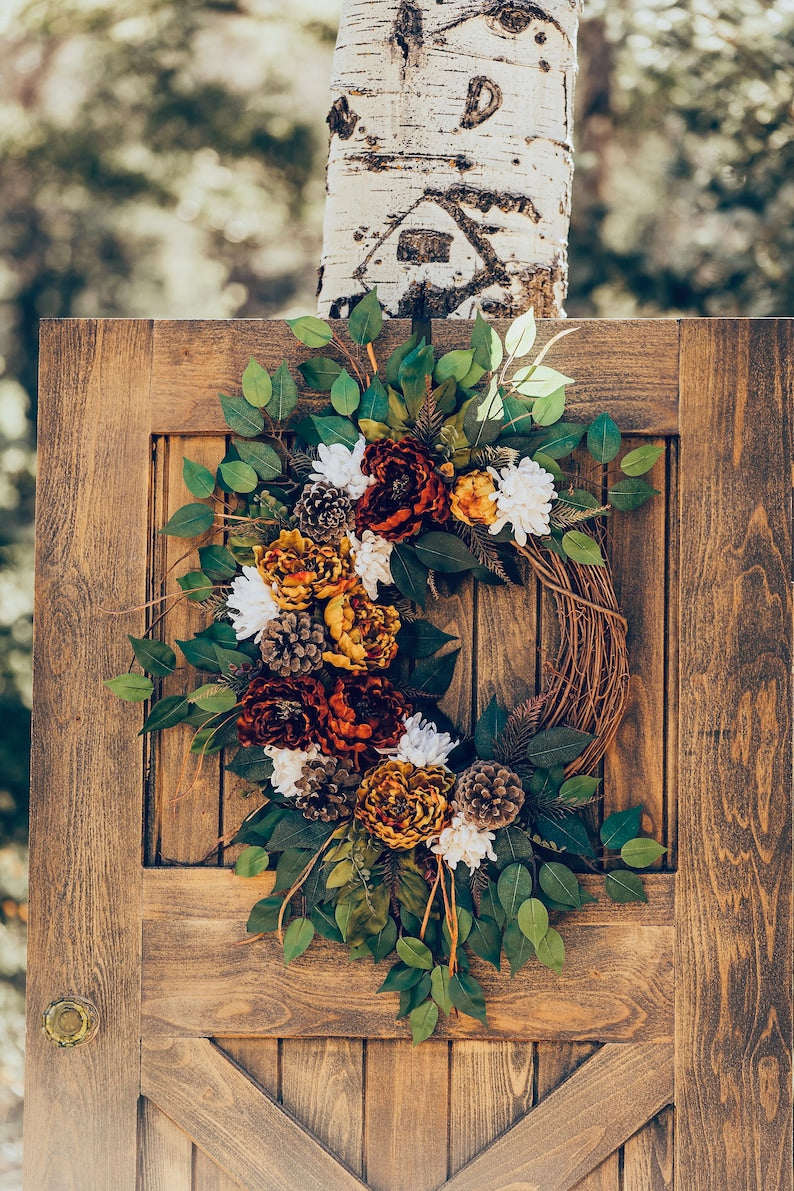 Fall Wreath, Fall Peony Pinecone Wreath, Fall Wreath with Monogram, Fall Front Door Wreath,  Large Fall Wreath with Pinecones and Initial