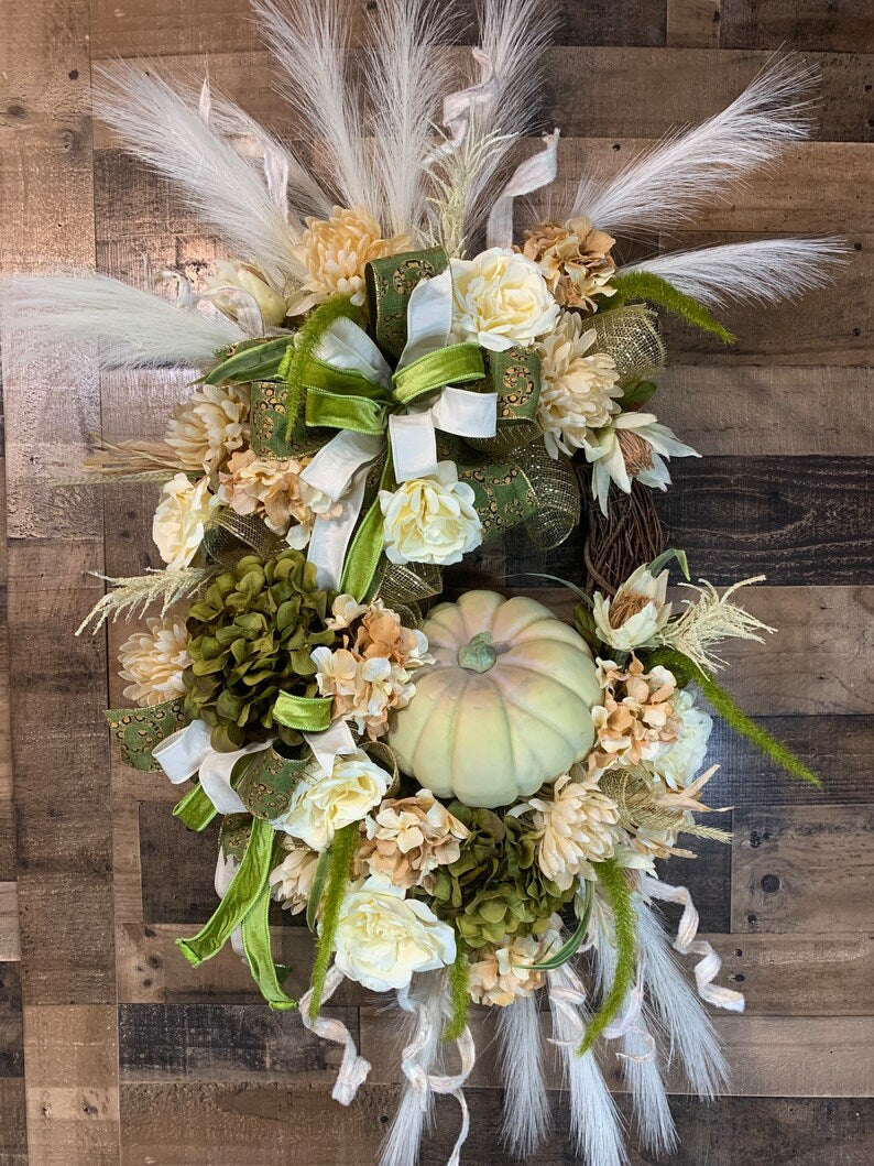 Boho Fall Wreath-Fall Wreath-Green and White Fall Wreath-Fall Decor-Pumpkin Wreath-Fall Wreath For Front Door-XL Fall Wreath
