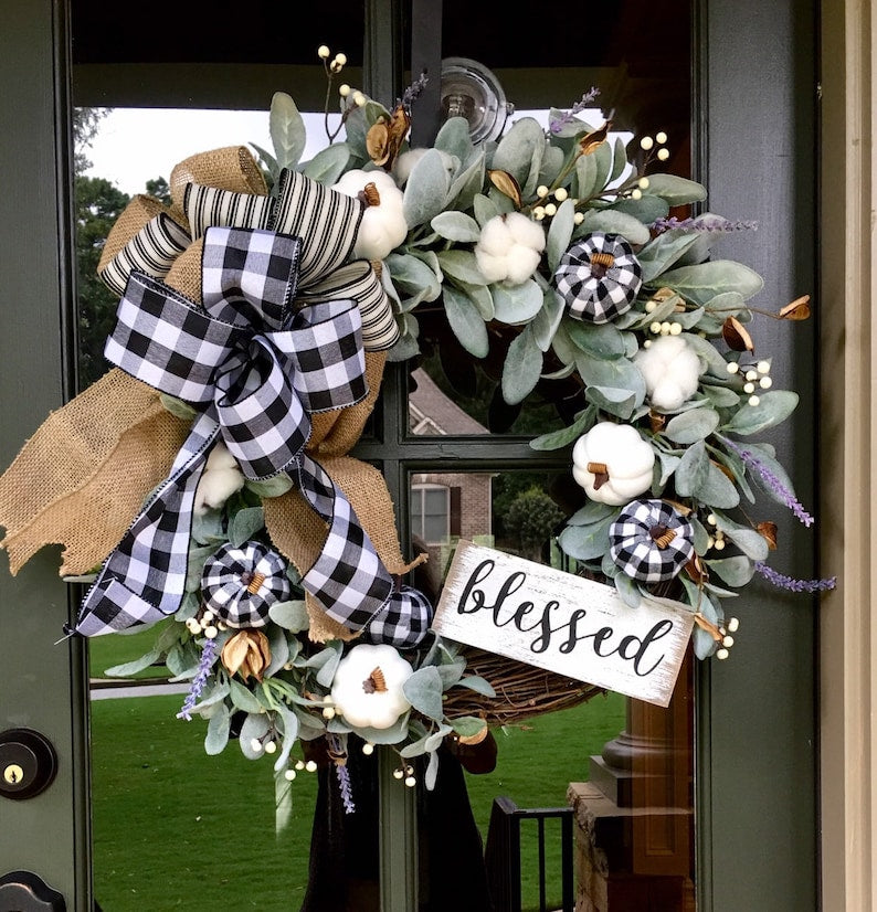 Buffalo plaid fall lambs ear wreath- fall farmhouse wreath with white pumpkins-large fall wreath for front door-transitional wreath