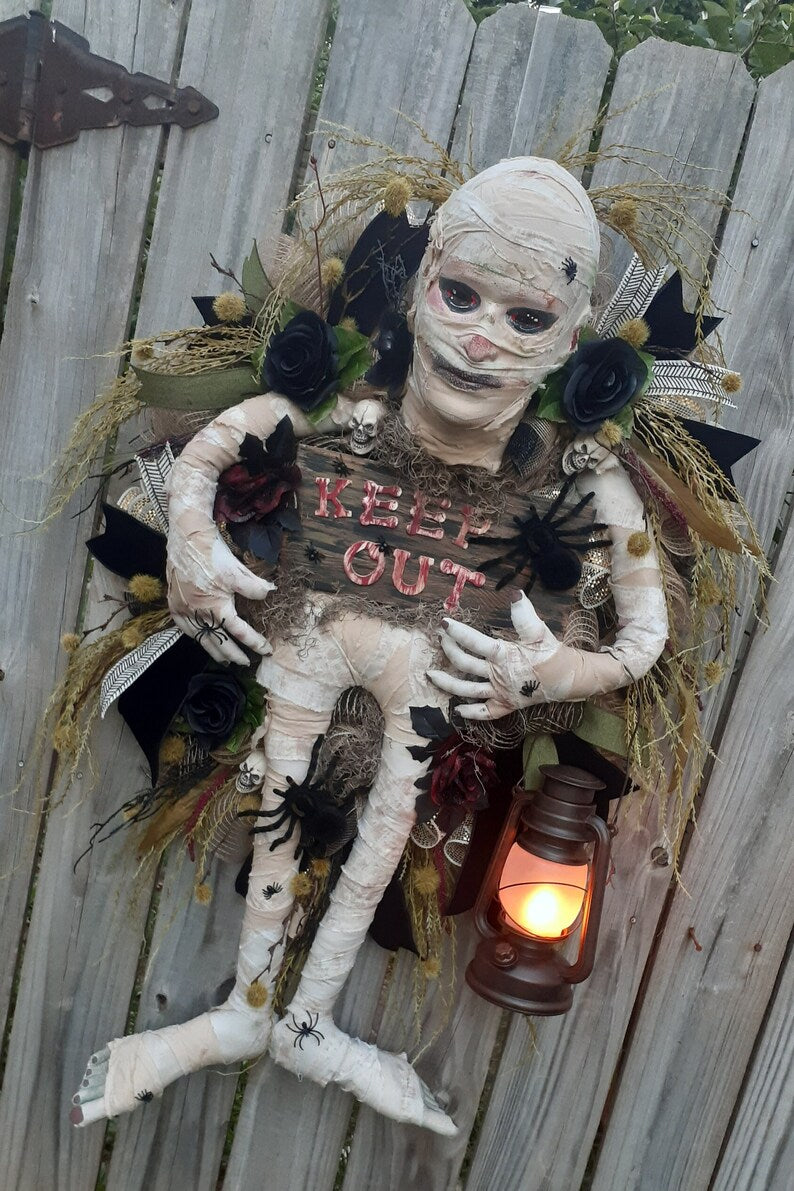 Mummy wreath, mummy attachment, spider wreath, scary wreath, scary Halloween decor, mummy, skeleton wreath, Halloween door swag, mummy, Fall