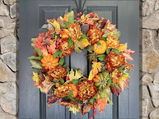 Fall Wreath For Front Door with Pumpkins, Florals, Pinecones, Maple Leaves and Berries - Indoor and Outdoor Fall Decor - Large Fall Wreath