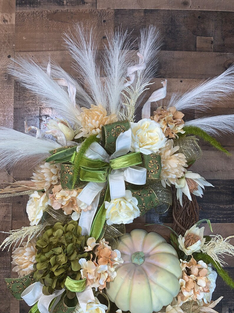 Boho Fall Wreath-Fall Wreath-Green and White Fall Wreath-Fall Decor-Pumpkin Wreath-Fall Wreath For Front Door-XL Fall Wreath