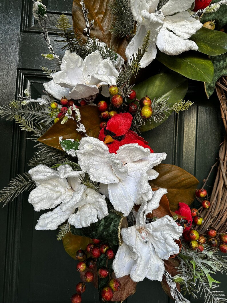 SNOW MAGNOLIA WREATH /red birds. Red bird wreath. Winter wreath. Snow wresth