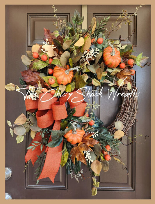 Large Fall Woodsy Pumpkin Wreath for Front Door, Olive Green and Orange Autumn Harvest Wreath,  Fall Foliage and Pumpkin Decor, 24"W x 28" T