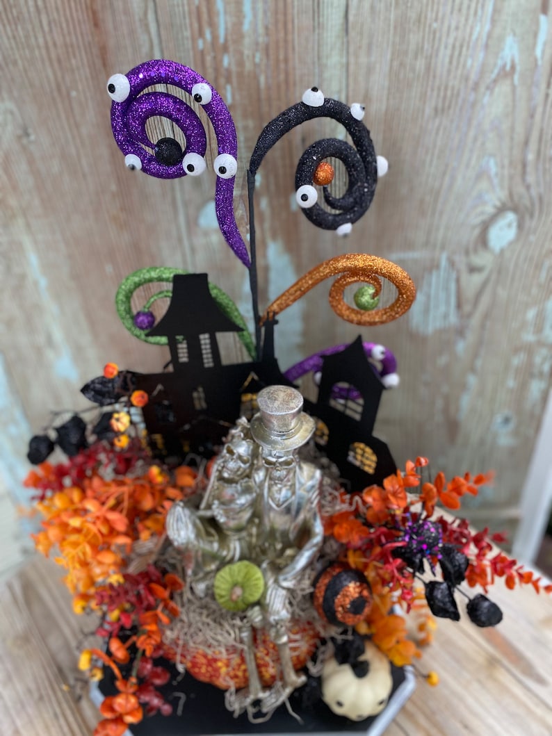 Halloween decor, Skelton decor, Halloween arrangement, whimsical Halloween arrangement