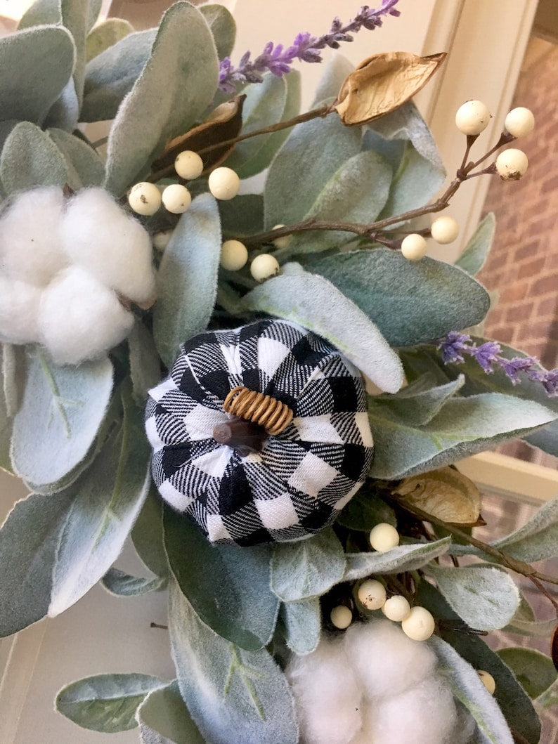 Buffalo plaid fall lambs ear wreath- fall farmhouse wreath with white pumpkins-large fall wreath for front door-transitional wreath