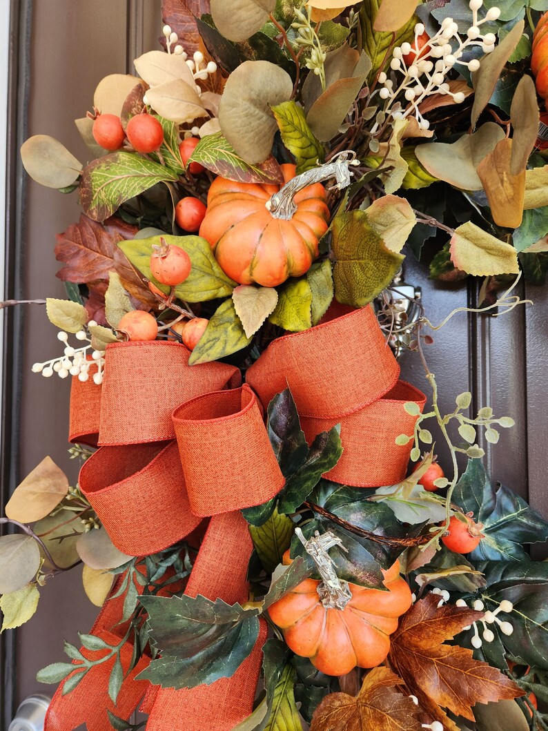 Large Fall Woodsy Pumpkin Wreath for Front Door, Olive Green and Orange Autumn Harvest Wreath,  Fall Foliage and Pumpkin Decor, 24"W x 28" T