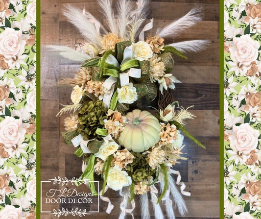 Boho Fall Wreath-Fall Wreath-Green and White Fall Wreath-Fall Decor-Pumpkin Wreath-Fall Wreath For Front Door-XL Fall Wreath