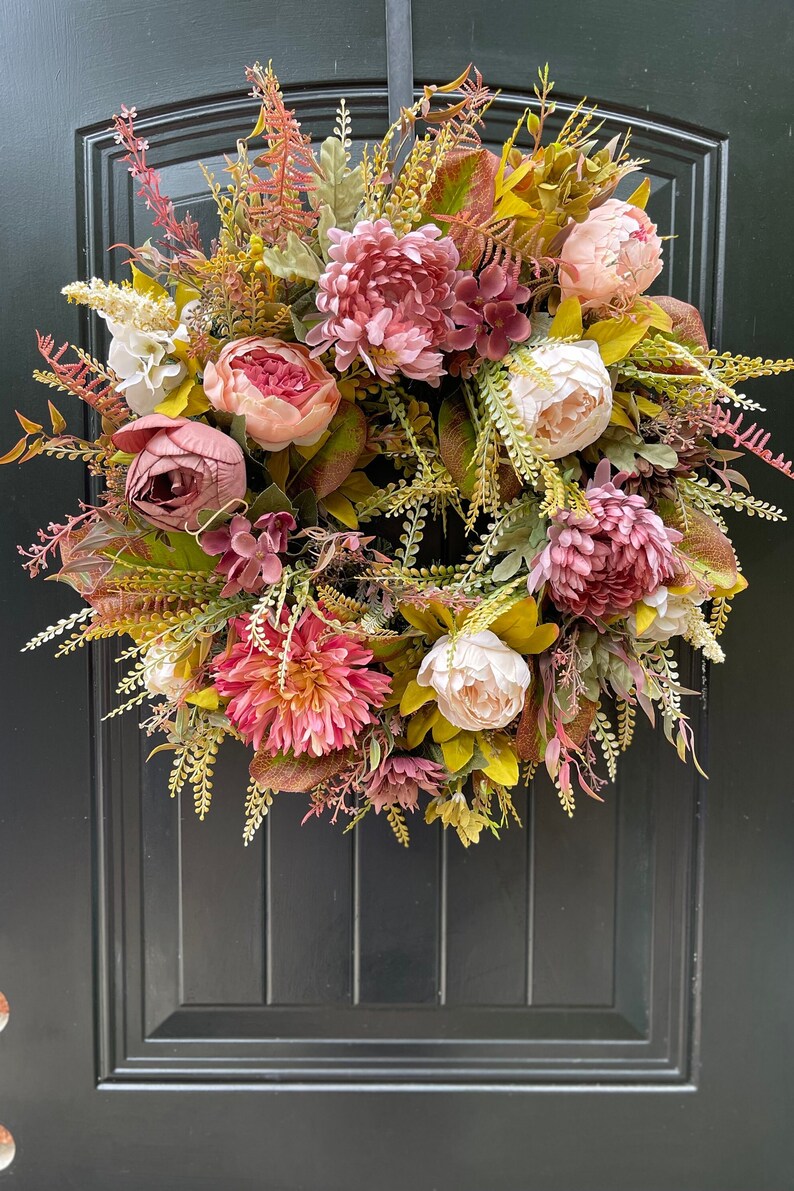 Modern Fall Wreath for Front Door,  Pink Fall Wreath, Outdoor Fall Wreath, Fall Wreaths for Door, Fall Door Wreath