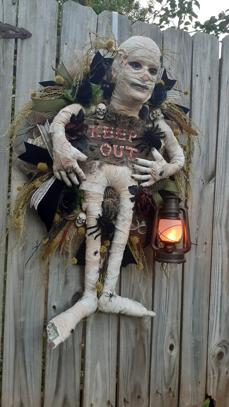 Mummy wreath, mummy attachment, spider wreath, scary wreath, scary Halloween decor, mummy, skeleton wreath, Halloween door swag, mummy, Fall