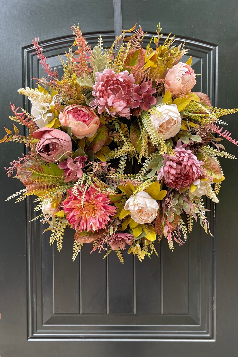 Modern Fall Wreath for Front Door,  Pink Fall Wreath, Outdoor Fall Wreath, Fall Wreaths for Door, Fall Door Wreath