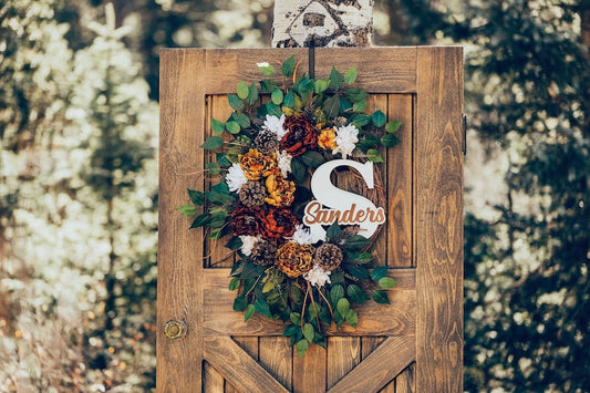 Fall Wreath, Fall Peony Pinecone Wreath, Fall Wreath with Monogram, Fall Front Door Wreath,  Large Fall Wreath with Pinecones and Initial