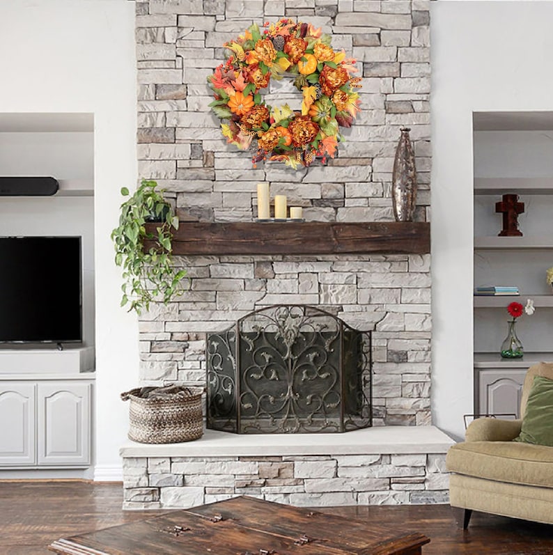 Fall Wreath For Front Door with Pumpkins, Florals, Pinecones, Maple Leaves and Berries - Indoor and Outdoor Fall Decor - Large Fall Wreath